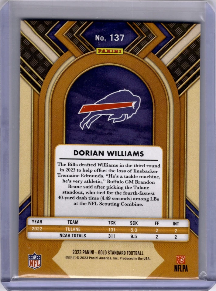 Dorian Williams 2023 Panini Gold Standard #137  RC 25/99 - Image 2 of 2