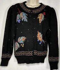 Vtg. Herman Geist Medium Cardigan Sweater 100% Wool Leaf Hand Embroidered EUC