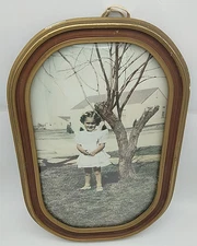Vintage Curved Convex Bubble Glass Gold Wood Color Picture Frame w/ Young Girl 