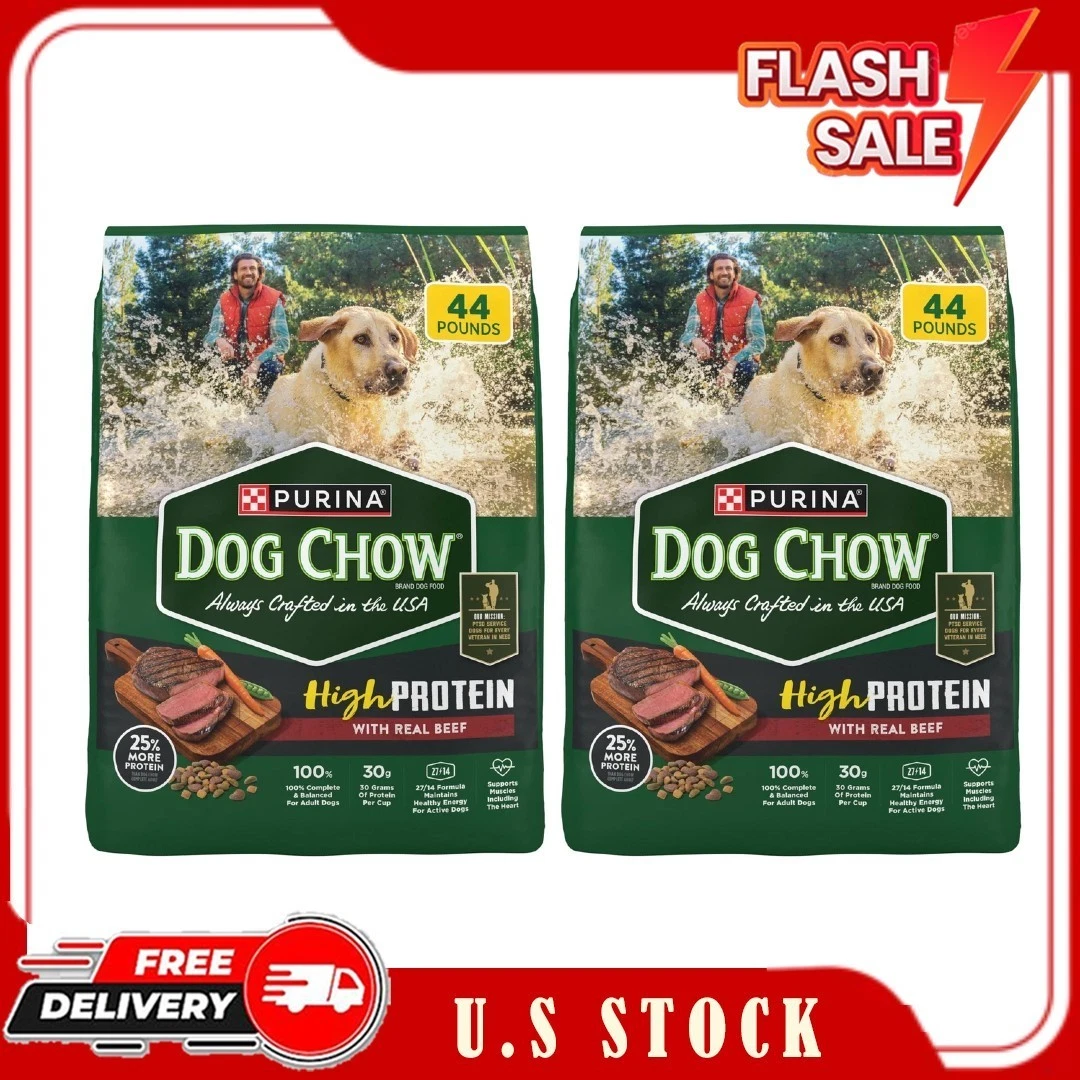 2 Bag Purina Dog Chow High Protein Dog Food Dry Recipe with Real Beef, 44 lb Bag