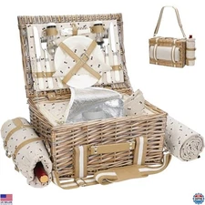 19-Piece Wicker Picnic Basket Set for 2 with Blanket, Insulated Cooler & Cutlery