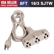 8ft SPT-3 16/3 indoor extension cord Beige,3-Outlet Power Strip,3 Prong Grounded