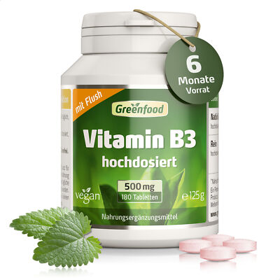 Vitamin B3 (Niacin), 500 mg, hochdosiert, 180 Tabletten   vegan