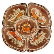 Vintage MCM Glazed USA California Pottery #961 Chip and Dip Set Orange & Brown