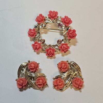Gold Tone Orange Plastic Roses Aurora Borealis Rhinestone Brooch ClipOn Earrings