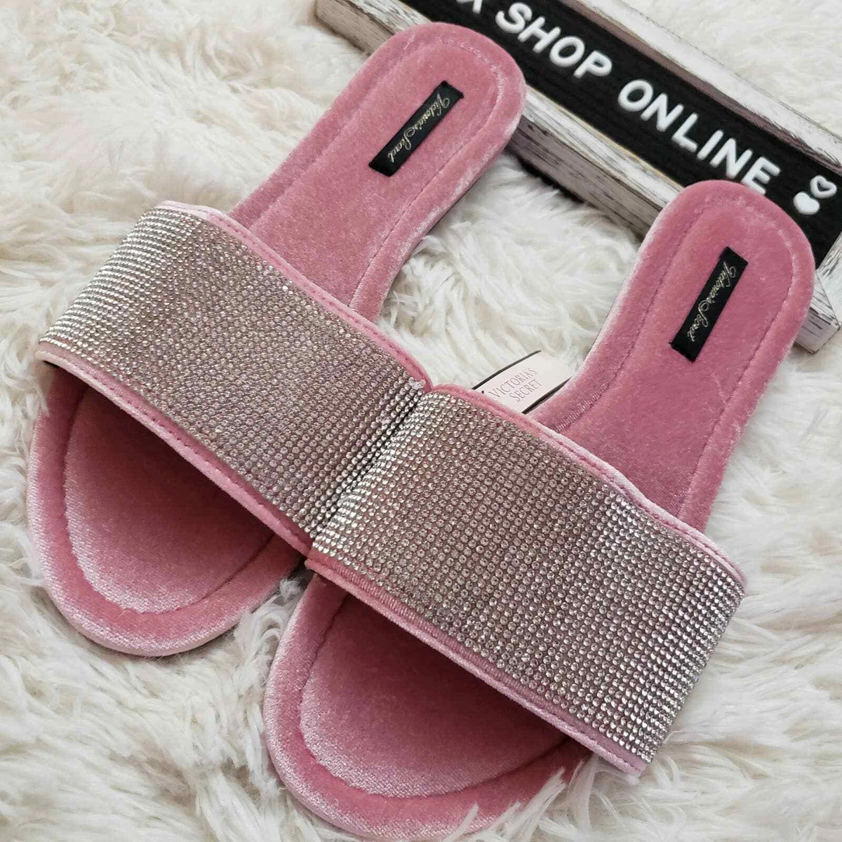 MEDIUM Victoria s Secret bling crystal embellished slides slippers NWT
