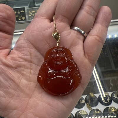 Natürlicher roter Achat Happy Buddha Anhänger mit echtem 10K Gold Bügel passt bis zu 5mm