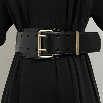 Women Faux Leather Wide Waist Belt Double Prong Buckle Waistband