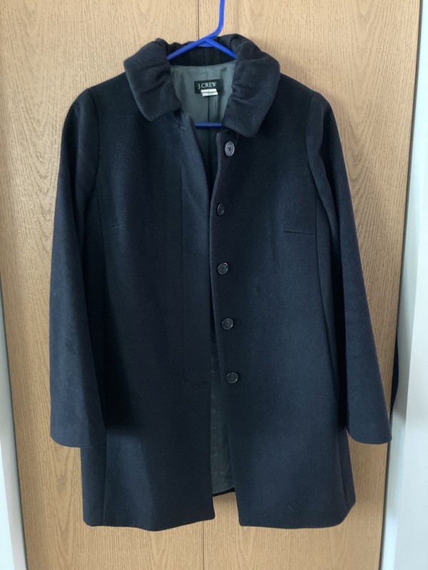 Women's J Crew 100% Wool Black Size 2 Lined Coat Ruffled Neck