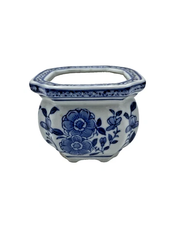 Vtg Blue And White Chinoiserie Ceramic Square Footed Planter 3 X 3.5" Small