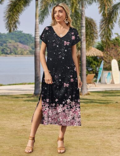 Summer Floral V-Neck Maxi Dress Short Sleeve Casual Beach Dress with Pockets - Picture 34 of 109