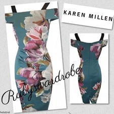 Karen Millen Blue Floral Vintage 50s Retro Bardot Cocktail Party Dress UK 8
