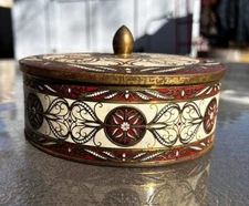 Vintage Round Embossed Daher English Tin Red Gold Scroll Finial Container
