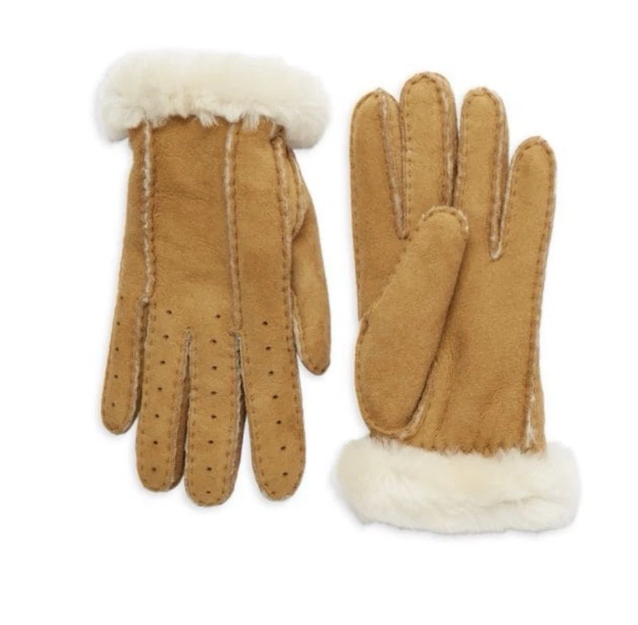 UGG Women's Classic Perforated Suede Gloves Shearling-Lined/Cuffs~ Small