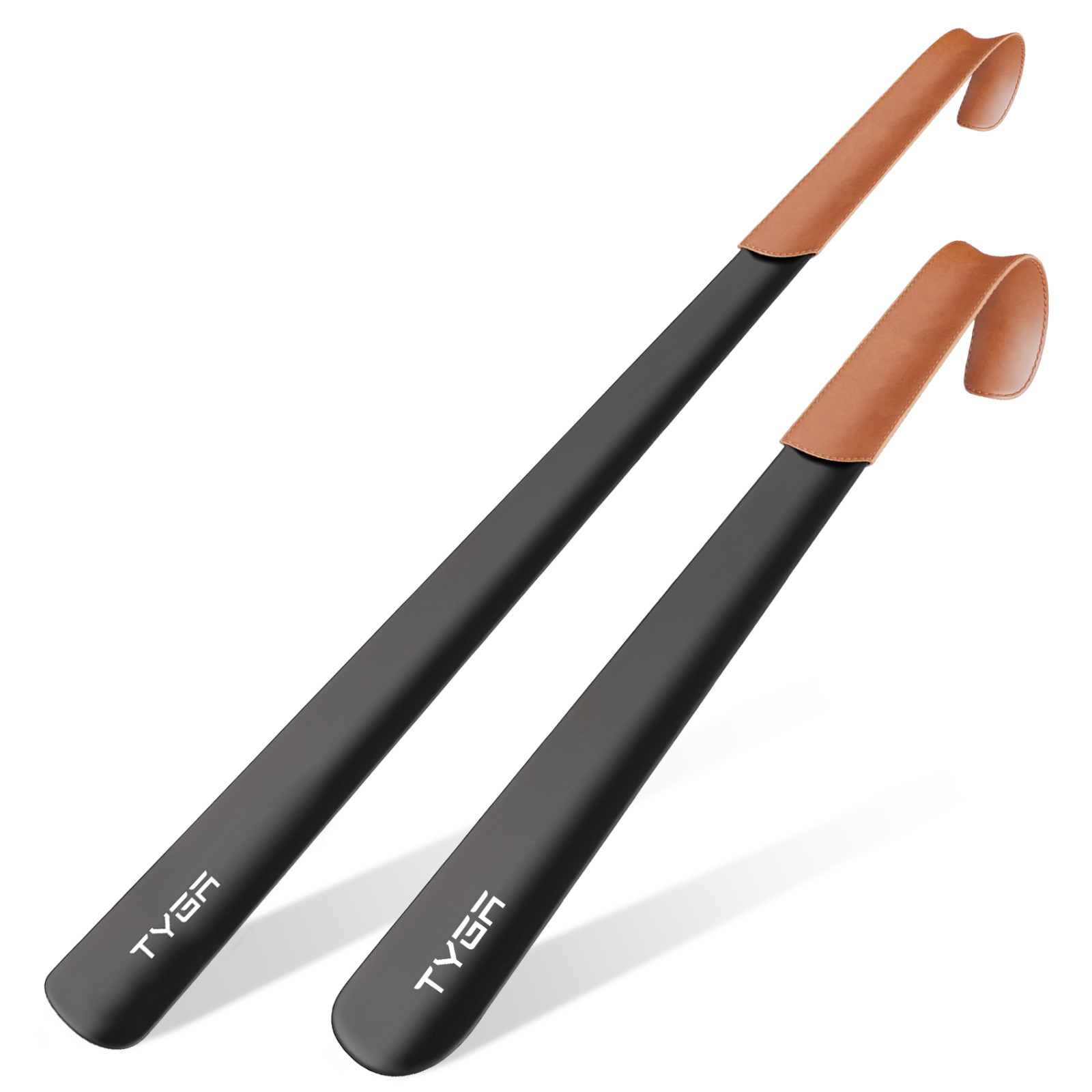 TYGA Metal Shoe Horn Set (42cm & 58cm) Long Handled Shoehorn With Leather Strap