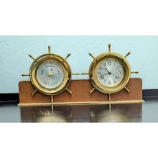 SETH THOMAS Brass Helmsman Ships Wheel Clock & Barometer W/ Key Works Vintage