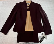 Kasper Petite 3 Piece Skirt Suit Set Size 4P Brown & Khaki Skirt Blazer Top Set