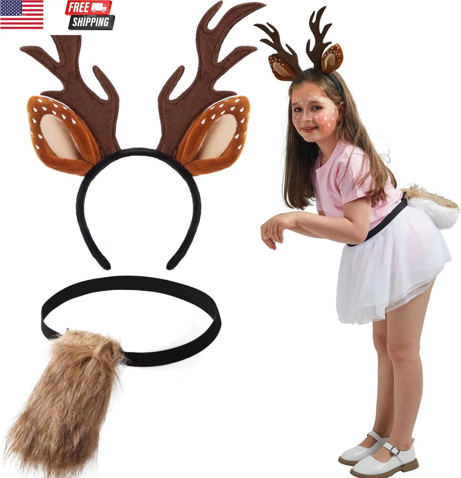 Diadema de astas de reno de Halloween con cola de cervatillo, accesorios orejas de astas de ciervo Foto 4 de 4