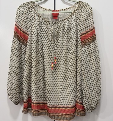 V Christina L Peasant Blouse Long Sleeve Gold Thread Sheer Lined Boho Beaded Tie