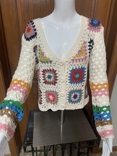 GRANNY SQUARE cardigan sweater crochet hippie boho flared sleeve 70s retro M NEW