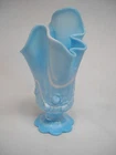 Vintage FENTON BLUE SLAG GLASS SWUNG VASE-MARBLED BABY BLUE-CABBAGE ROSE-VG