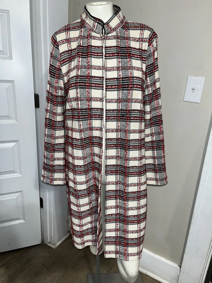 Винтажный St John коллекции Santana вязаный красный клетку кремовое пальто размер 12 Duster роскошь - Изображение 4 из 4