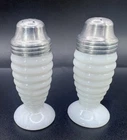 Vintage Anchor Hocking White Milk Glass Beehive Ribbed Salt & Pepper Shakers Set