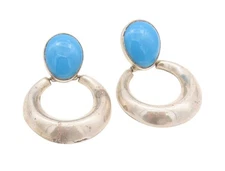 925 Sterling Silver Vintage Earrings MEXICO Oval Larimar Dangling Ring  EG13623