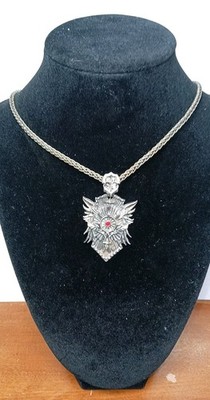 Men s Winged Crest Pendant Necklace 23'' Silver Tone Chain Red Accent