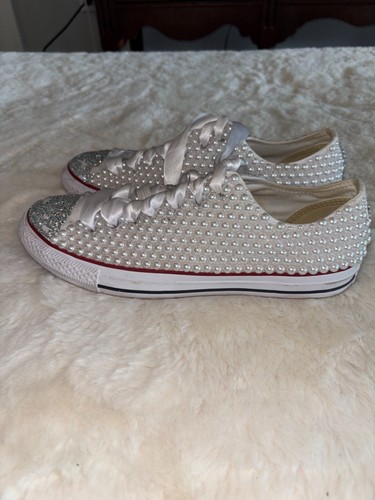 Converse All Star Bridal/Prom Pearls Rhinestones &Ribbons Sneakers Sz W10.5 M8.5 - Picture 2 of 8
