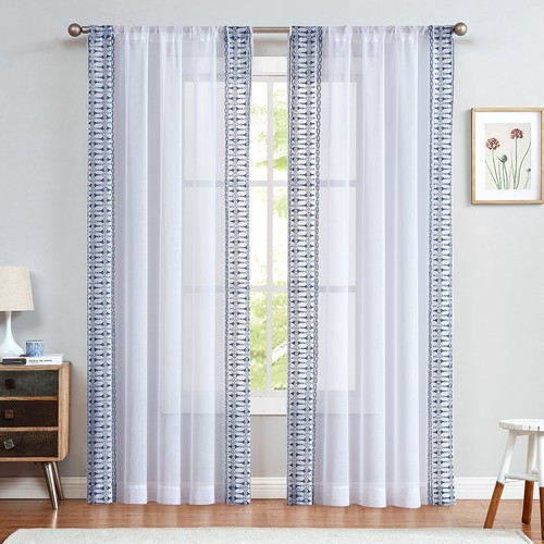 2 Panels Semi Sheer Window Curtain Geometric Embroidered Drape for Bedroom - 第 19/38 張圖片