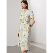 Short Sleeve V Neck Womens 100% Real Mulberry Silk Mid Long Dress Floral Printed