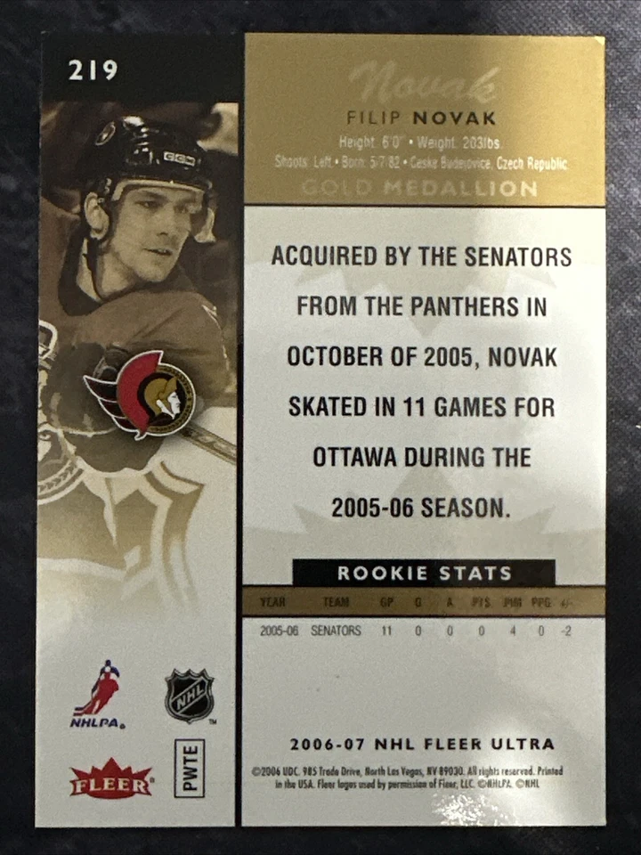 2006-07 Fleer Ultra Gold Medallion Rookie 219 Filip Novak Ottawa Senators - Image 2 of 2