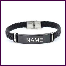 Custom logo Name Engrave Leather Bracelet Black Color customize Stainless Steel