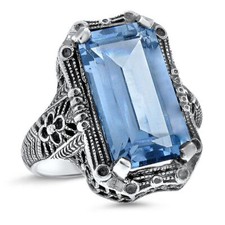 CLASSIC ART DECO STYLE 925 STERLING SILVER 8 Ct SIMULATED AQUAMARINE RING 457X