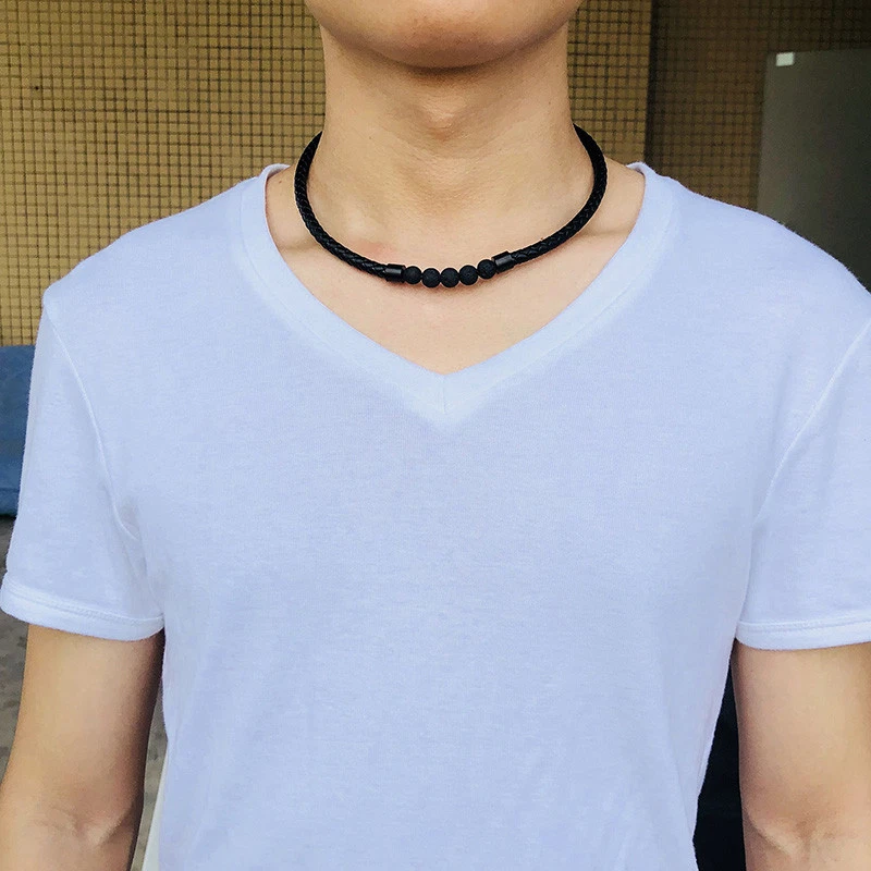 Man Lava Stone Necklace Choker Collar Braided Leather Rope Hobo Happie Jewelry - Image 4 of 4