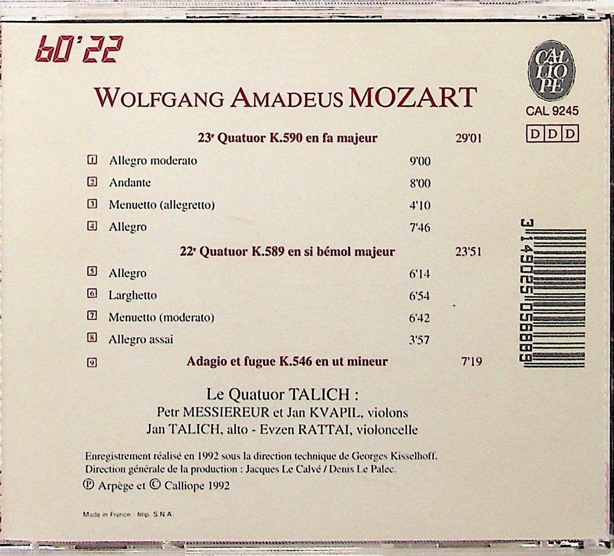 Mozart モーツァルト 弦楽四重奏曲全集 Talich Calliope Mozart: Quatuors 22 & 23 -String Quartets -Le Quatuor Talich CD