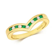 9ct Yellow Gold  Emerald and Diamond Wishbone Ring,  Ring Sizes J to Q (268)