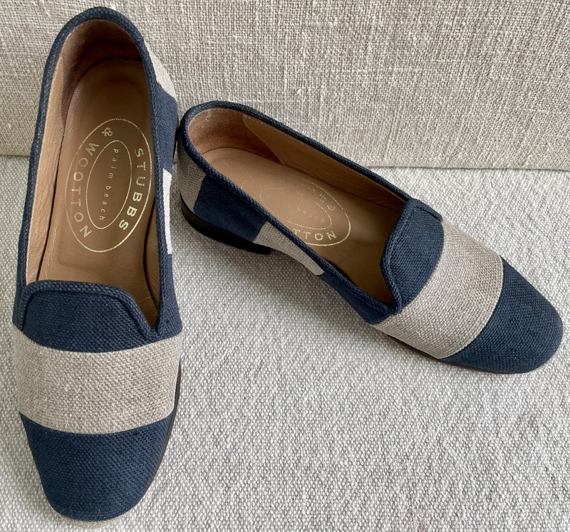 Stubbs & Wootton Women’s Classic Navy/Natural Linen Striped Loafers US 6 ($575)
