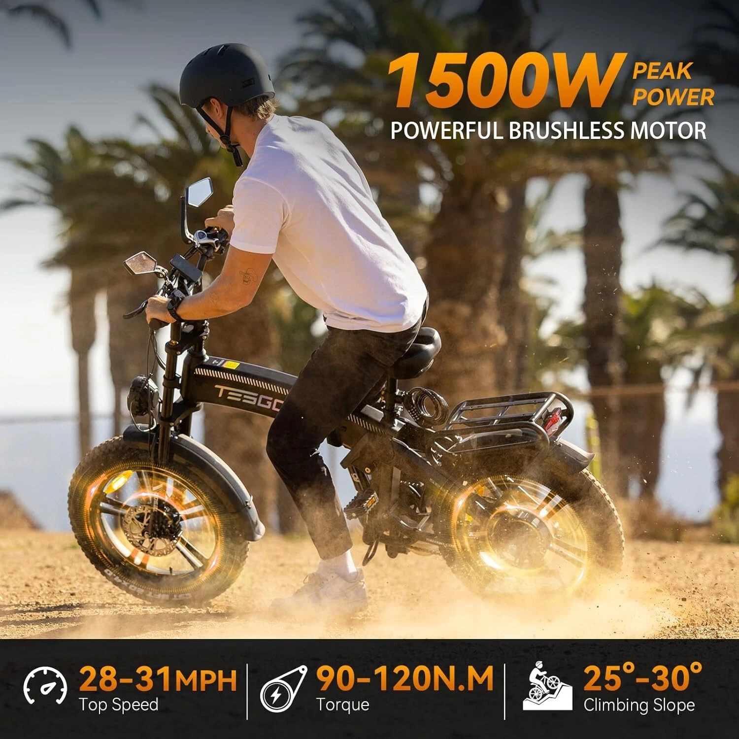 Tesgo 1500W Peak Electric Bike for Adults 20inch Fat Tire Folding E bike 28 mph - Picture 3 of 9