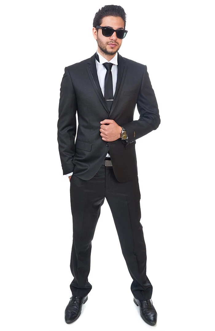 Slim Fit 2 Button Notch Lapel Satin Collar Trim Black Fashion Suit By AZAR MAN