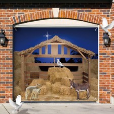 Christmas Nativity Garage Door Banner Cover Nativity Stable Scene Backdrop Ba...