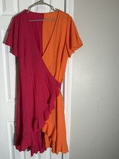 SHEIN Curve Colorblock Wrap Dress 3XL Pink Orange Ruffle Flutter Sleeve