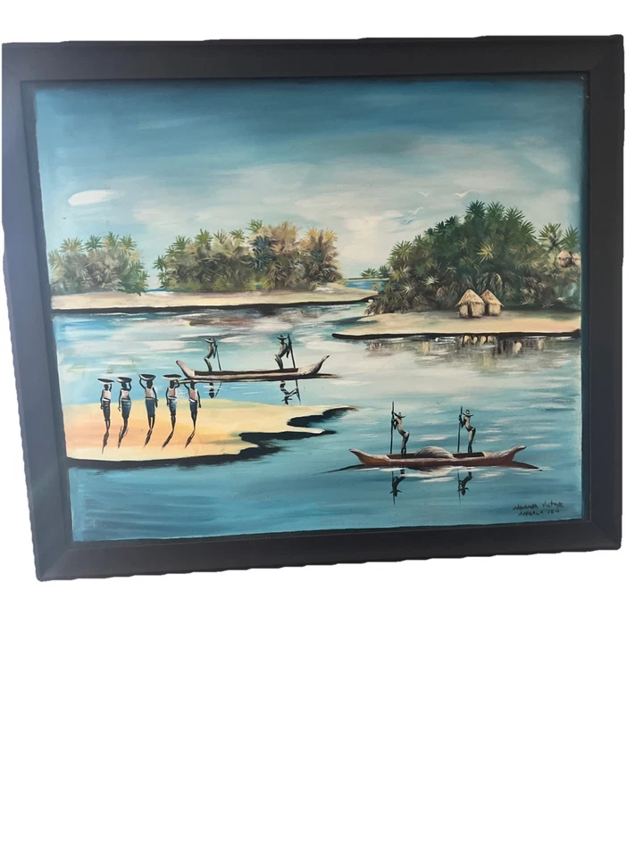 Pintura Acuarela Enmarcada Pueblo Africano Isla Nganda Victor Angola 104 Foto 2 de 4