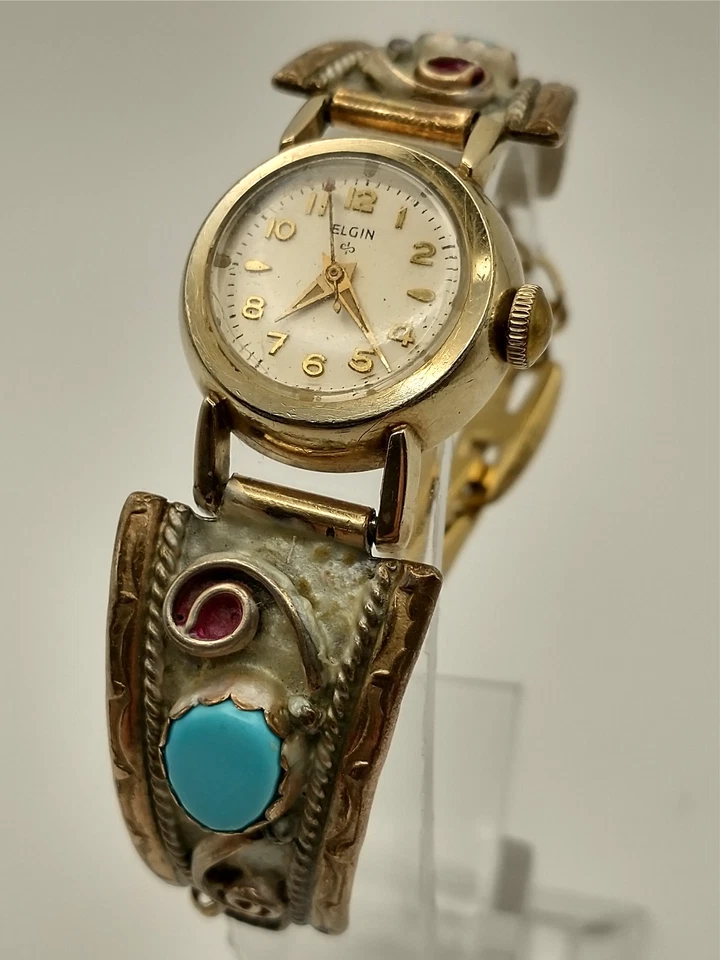 Pulseira de prata esterlina e ouro Navajo com relógio vintage ELGIN GP, conjuntos ventos corridas - Imagem 3 de 4