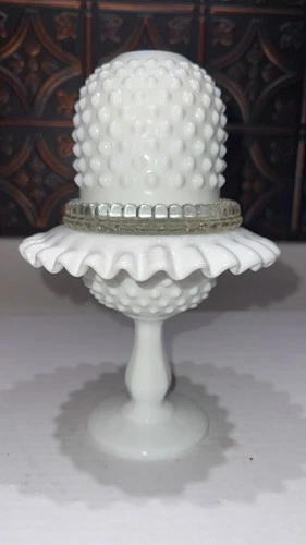 Fenton White Milk Glass Pedestal 3 Piece Hobnail Footed Fairy Lamp Elegant 8.5”