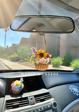 Crochet Flower Pot Car Charm, Spring Mix, Rearview Mirror Decor