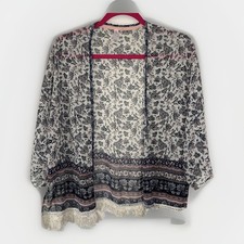 Xhilaration Sz XS/S Fringe Mandela Print Kimono Fringe Navy Floral Boho Hippie