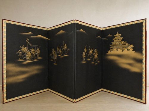 Japanese Byobu Folding Screen Samurai Battle Scene Gold Castle 4 Panel Vintage