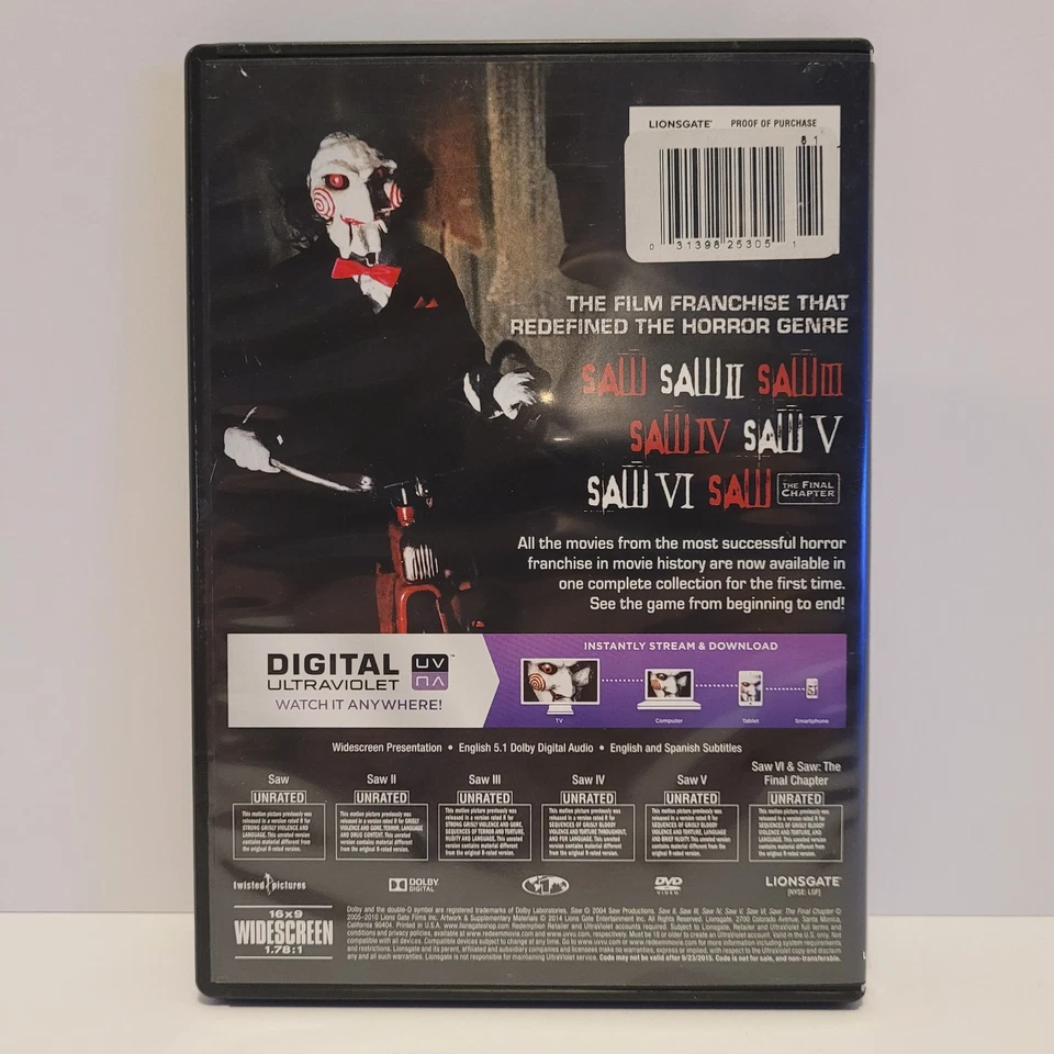 Saw 7-Film Set (DVD 4-Disc Set) 1 2 3 4 5 6 7 Final Chapter Cult Gore Horror NR - Image 2 of 4